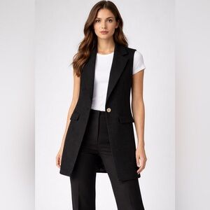 NWT Sincerely Jules Black Tweed Longline Blazer Vest Gold Button, size Medium  ￼